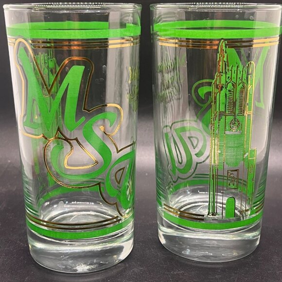 MSU Mich State Green‎ & Gold Trimmed MCM Vintage High Ball Glass Tumblers Set 2 - Picture 5 of 9